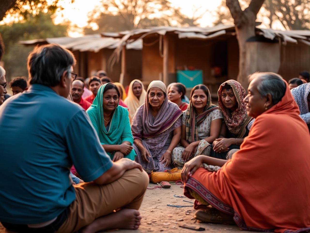 People sitting together in conversation at a community gathering in India